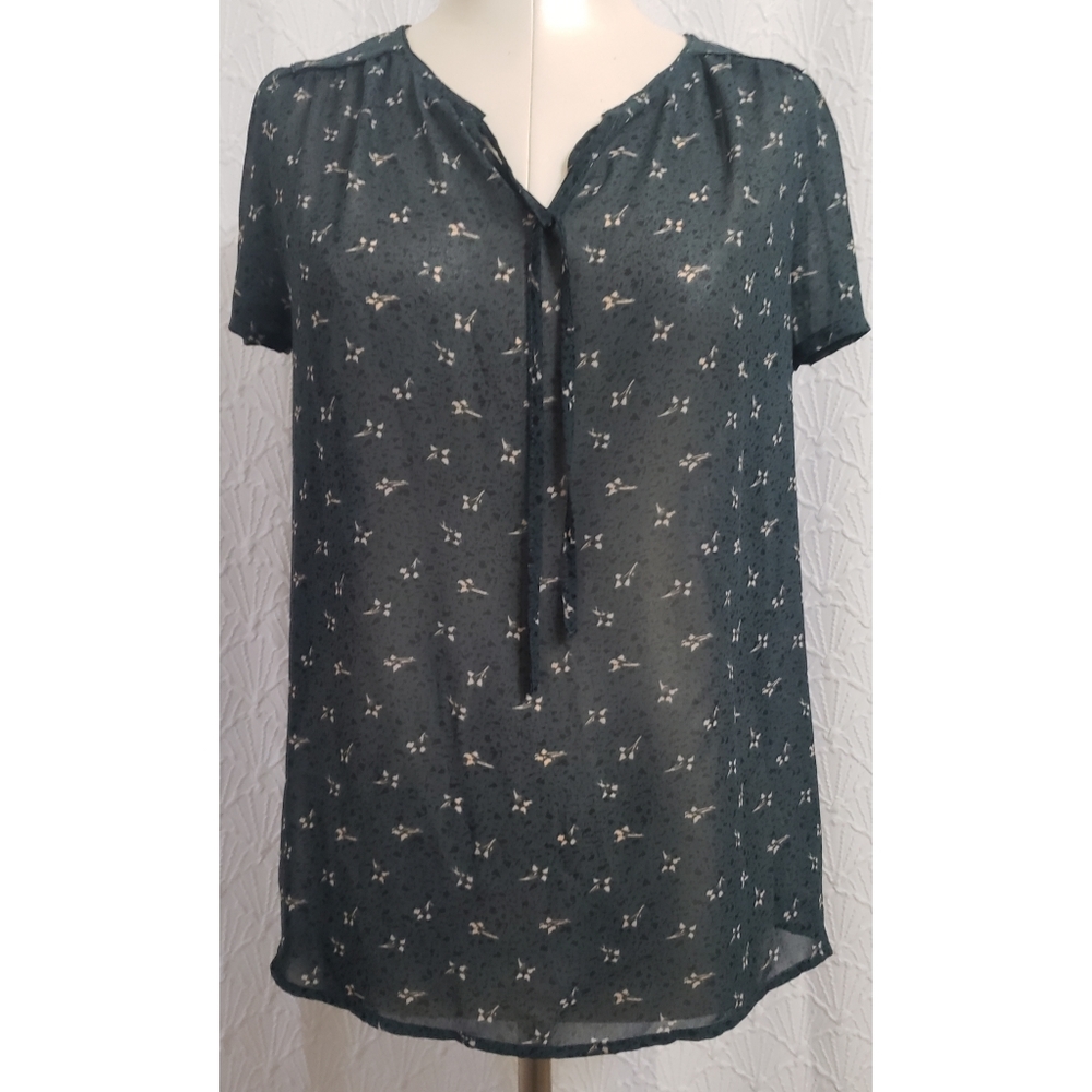 Loft hunter green Floral front tie blouse
